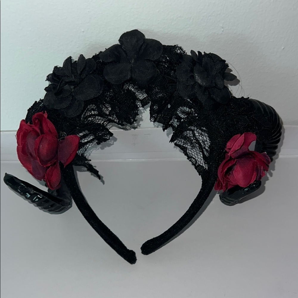 Goth Gothic Goth Girl Floral Black Lace and Red Headband one size fits most.